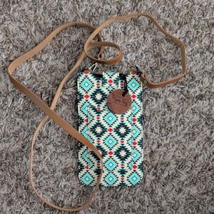 Turquoise Aztec Crossbody Phone Wristlet with Tan Strap